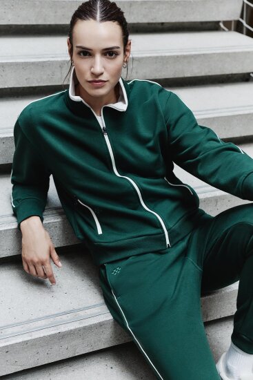 Çam Yeşili Kompakt Pamuklu Kalın Pürüzsüz Dokulu Dik Yaka Oversize Fit Kadın Eşofman Takım - 95340 - TOMMYLIFE