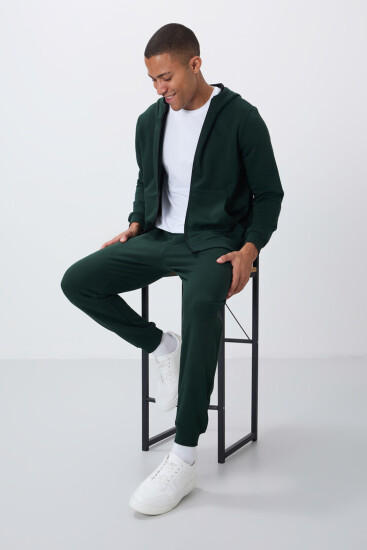 Çam Yeşil Kompakt Pamuklu Kalın Pürüzsüz Dokulu Kapüşonlu Comfort Fit Erkek Eşofman Takım - 85262 