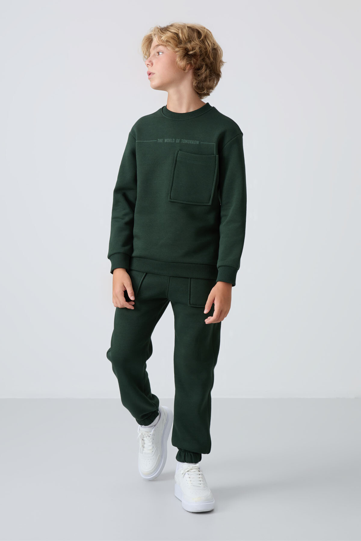 Çam Yeşil Pamuklu Kalın İçi Tüylü Standart Fit Baskılı Erkek Çocuk Eşofman Takım - 11257 - TOMMYLIFE