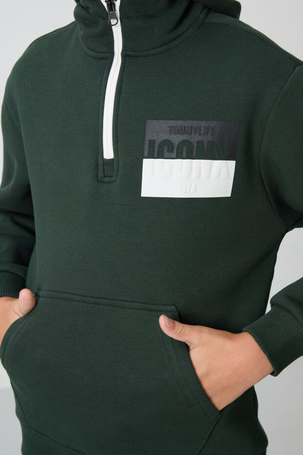 Çam Yeşil Pamuklu Kalın İçi Tüylü Standart Fit Baskılı Erkek Çocuk Eşofman Takım - 11246 - 5