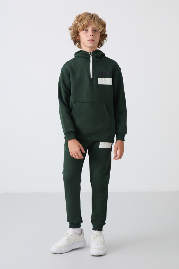 Çam Yeşil Pamuklu Kalın İçi Tüylü Standart Fit Baskılı Erkek Çocuk Eşofman Takım - 11246 - 3