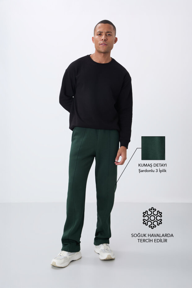 Çam Yeşil Pamuklu Kalın İçi Tüylü Yumuşak Dokulu Oversize Nakışlı Erkek Eşofman Altı -82146 - 1