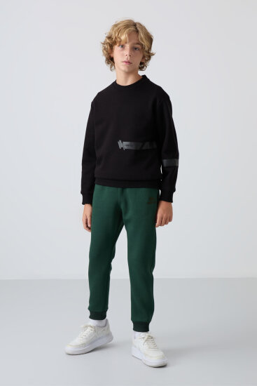 Çam Yeşil Pamuklu Kalın İçi Tüylü Standart Fit Nakışlı Erkek Çocuk Eşofman Alt - 11224 