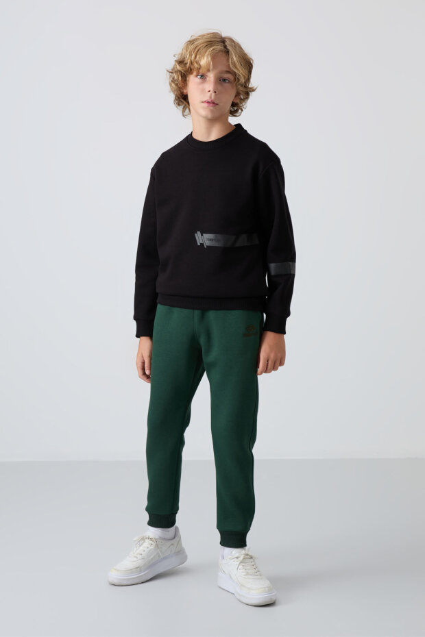 Çam Yeşil Pamuklu Kalın İçi Tüylü Standart Fit Nakışlı Erkek Çocuk Eşofman Alt - 11224 - 1