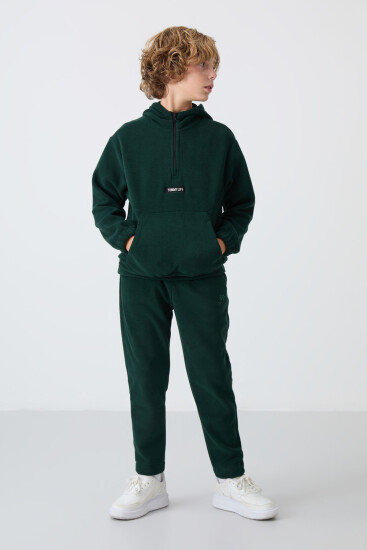 Çam Yeşil Kalın Yumuşak Dokulu Standart Fit Nakışlı Polar Erkek Çocuk Sweatshirt - 11230 - TOMMYLIFE (1)