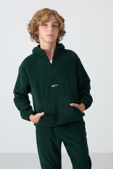 Çam Yeşil Kalın Yumuşak Dokulu Standart Fit Nakışlı Polar Erkek Çocuk Sweatshirt - 11230 