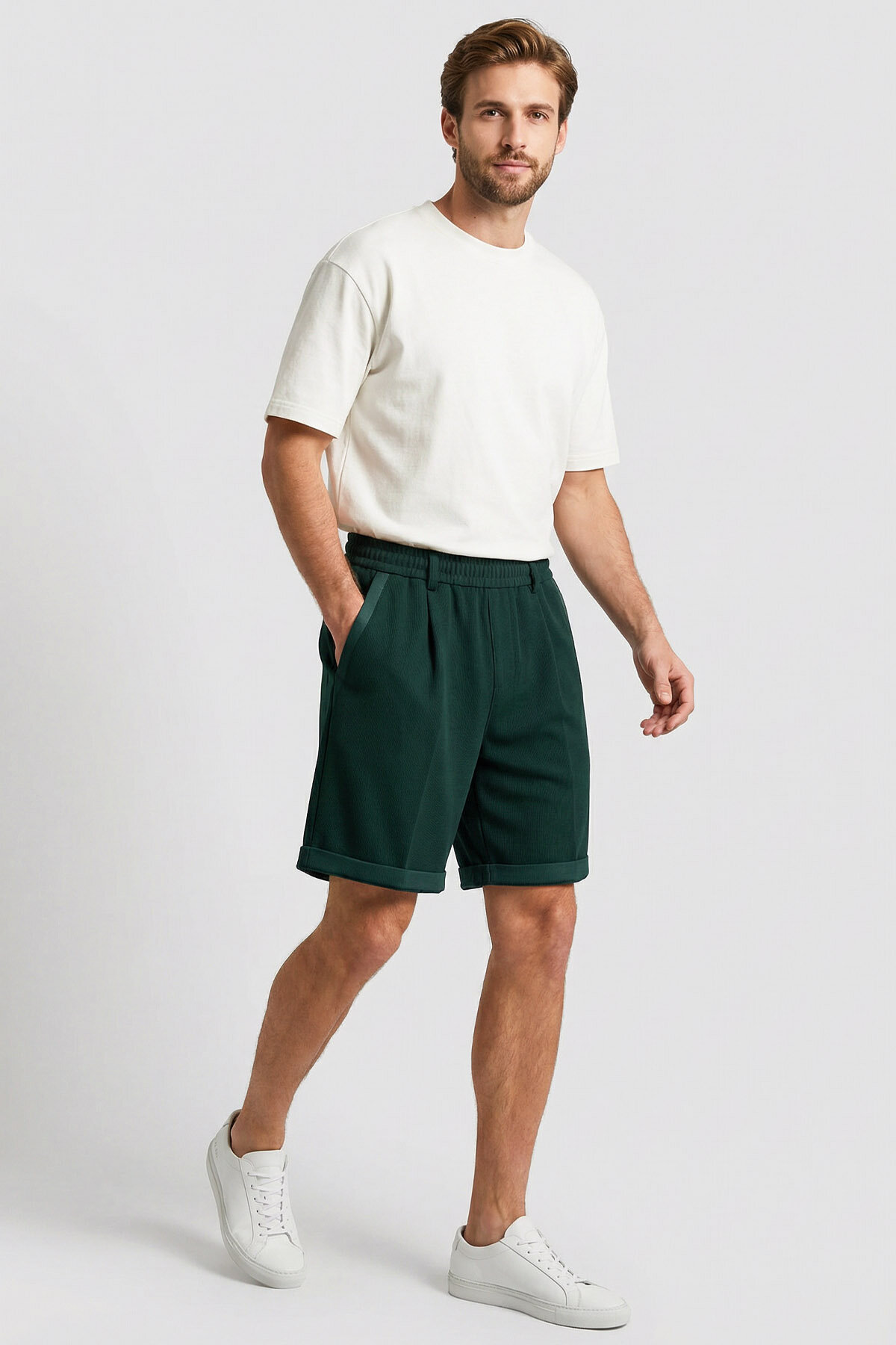 Çam Yeşil Oversize Fit Basic Kemer Detaylı Erkek Şort - 81285 - TOMMYLIFE (1)