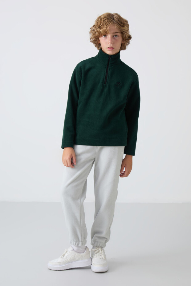 Çam Yeşil Kalın Yumuşak Dokulu Standart Fit Nakışlı Polar Erkek Çocuk Sweatshirt - 11221 - 2