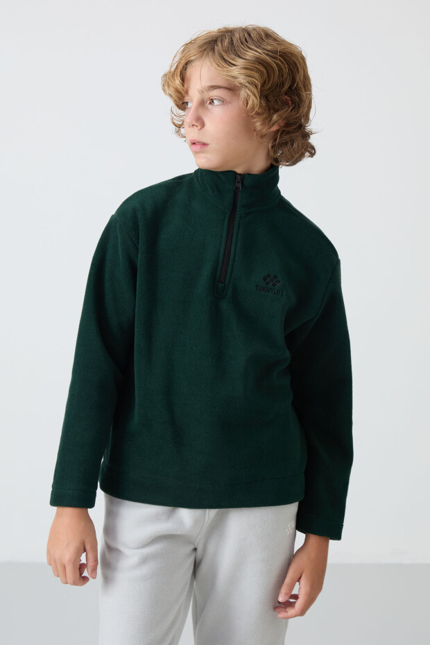 Çam Yeşil Kalın Yumuşak Dokulu Standart Fit Nakışlı Polar Erkek Çocuk Sweatshirt - 11221 - 4