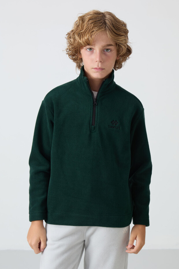 Çam Yeşil Kalın Yumuşak Dokulu Standart Fit Nakışlı Polar Erkek Çocuk Sweatshirt - 11221 - 1
