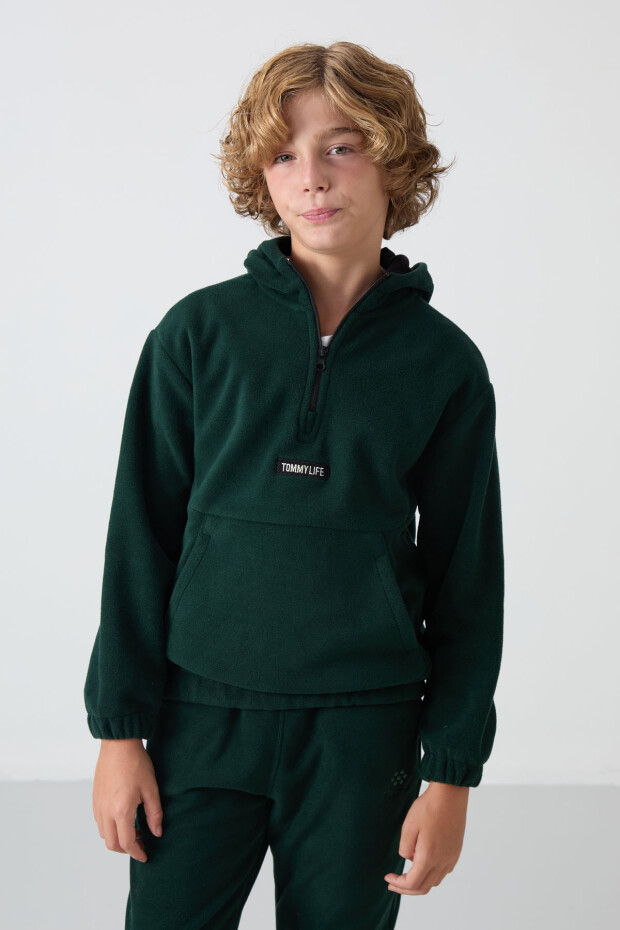 Çam Yeşil Kalın Yumuşak Dokulu Standart Fit Nakışlı Polar Erkek Çocuk Sweatshirt - 11230 - 4