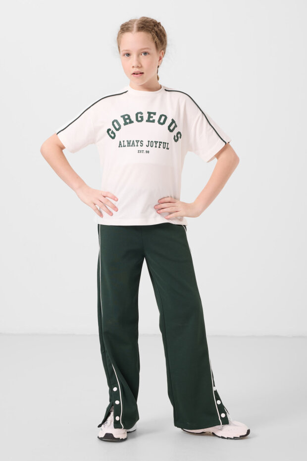 Çam Yeşili Geniş Paça Çıt Çıt Detaylı Kız Çocuk Palazzo Pantolon - 75199 - 2