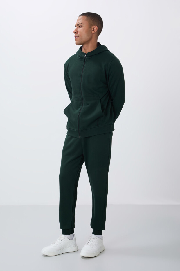 Çam Yeşil Kompakt Pamuklu Kalın Pürüzsüz Dokulu Kapüşonlu Comfort Fit Erkek Eşofman Takım - 85262 - 5