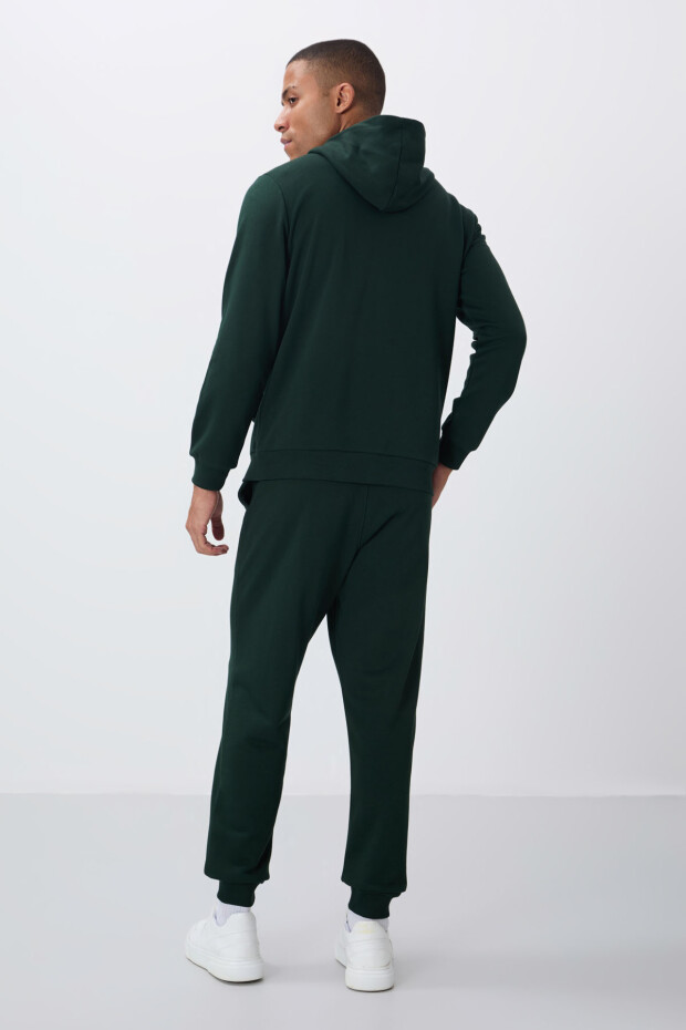 Çam Yeşil Kompakt Pamuklu Kalın Pürüzsüz Dokulu Kapüşonlu Comfort Fit Erkek Eşofman Takım - 85262 - 7