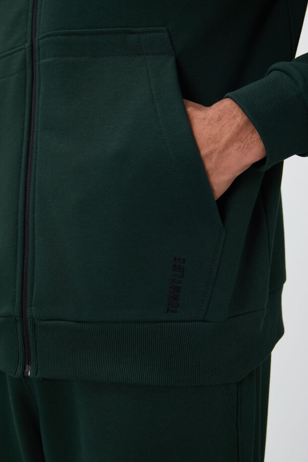 Çam Yeşil Kompakt Pamuklu Kalın Pürüzsüz Dokulu Kapüşonlu Comfort Fit Erkek Eşofman Takım - 85262 - 6