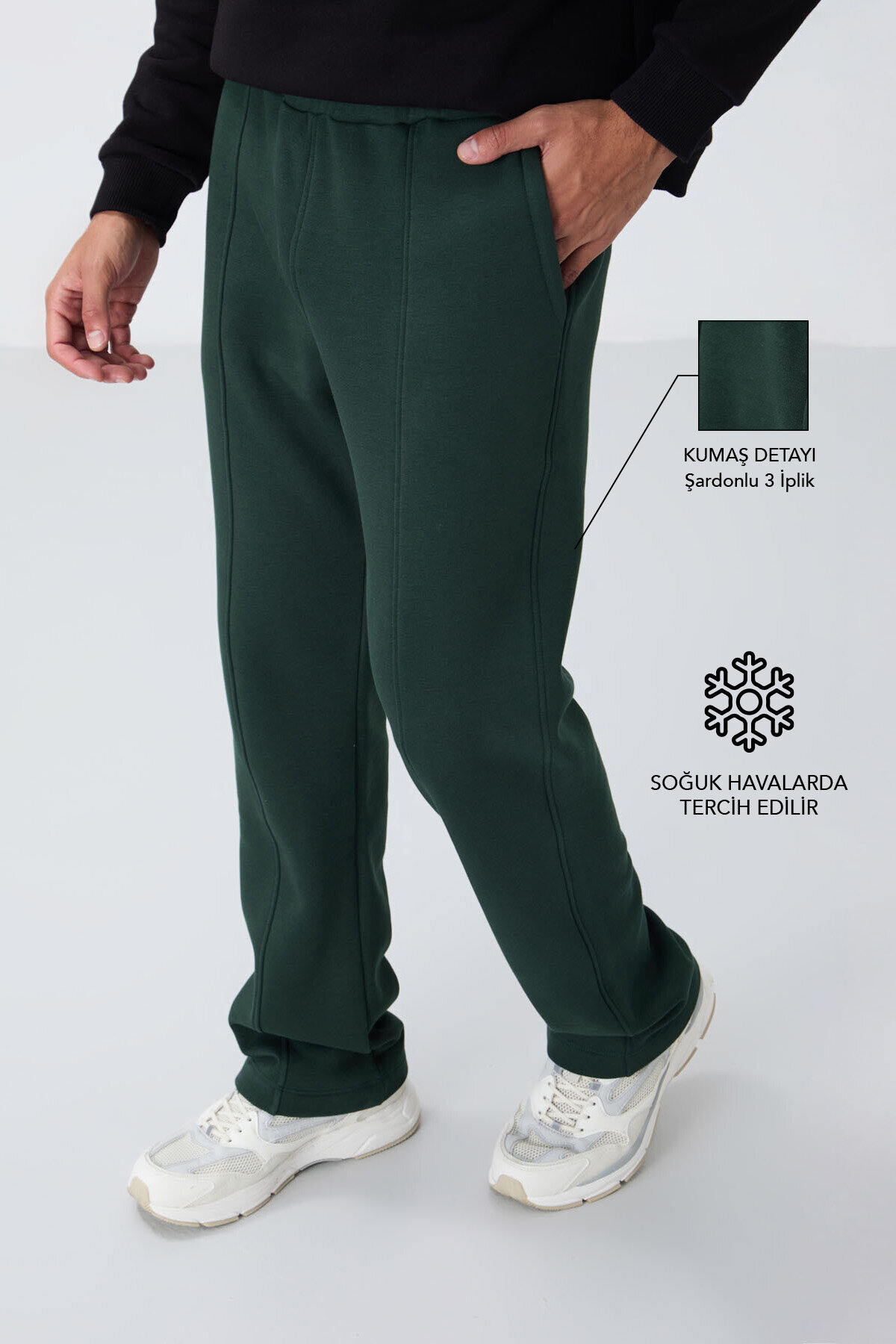Çam Yeşil Pamuklu Kalın İçi Tüylü Yumuşak Dokulu Oversize Nakışlı Erkek Eşofman Altı -82146 - TOMMYLIFE