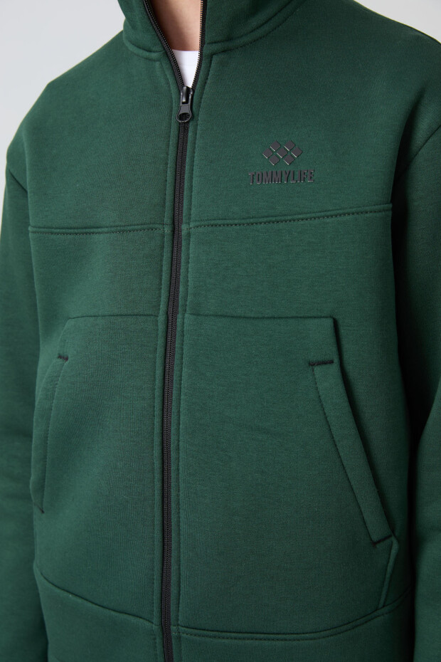 Çam Yeşil Pamuklu Kalın İçi Tüylü Yumuşak Dokulu Standart Fit Nakışlı Erkek Çocuk Sweatshirt - 11245 - 3