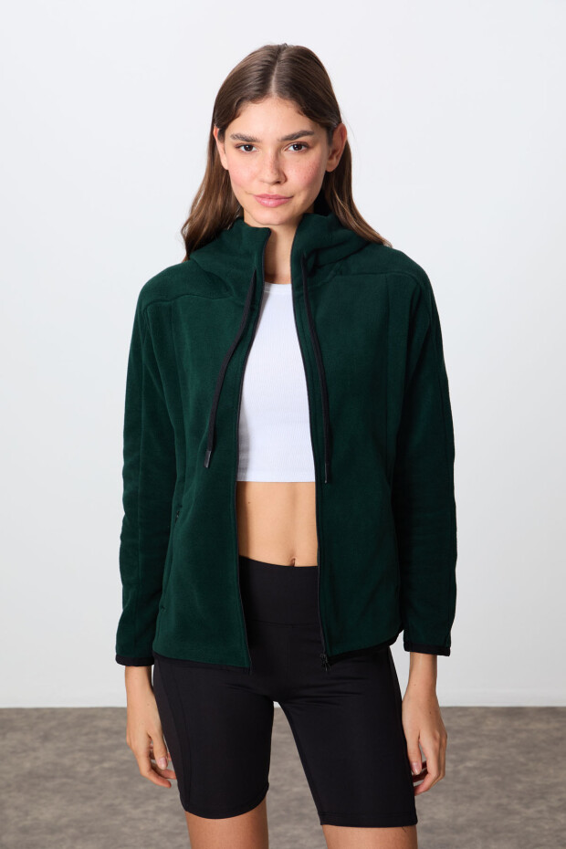 Çam Yeşili Kalın Yumuşak Dokulu Kapüşonlu Standart Fit Nakışlı Polar Kadın Sweatshirt -97287 - 4