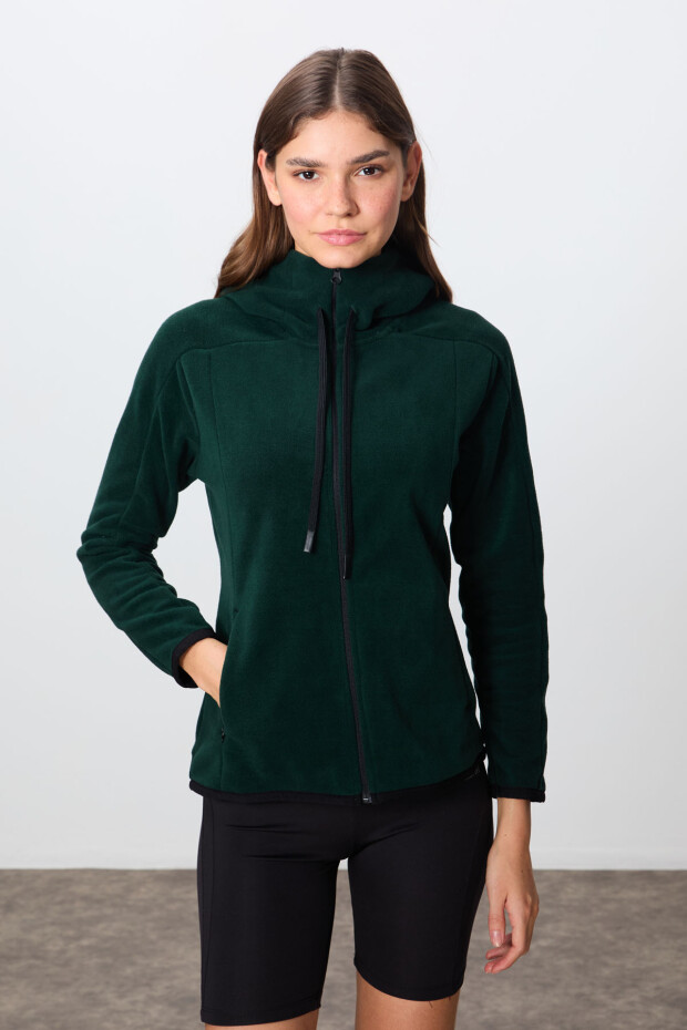 Çam Yeşili Kalın Yumuşak Dokulu Kapüşonlu Standart Fit Nakışlı Polar Kadın Sweatshirt -97287 - 2