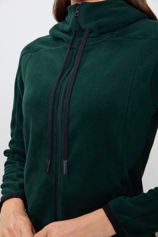 Çam Yeşili Kalın Yumuşak Dokulu Kapüşonlu Standart Fit Nakışlı Polar Kadın Sweatshirt -97287 - 5