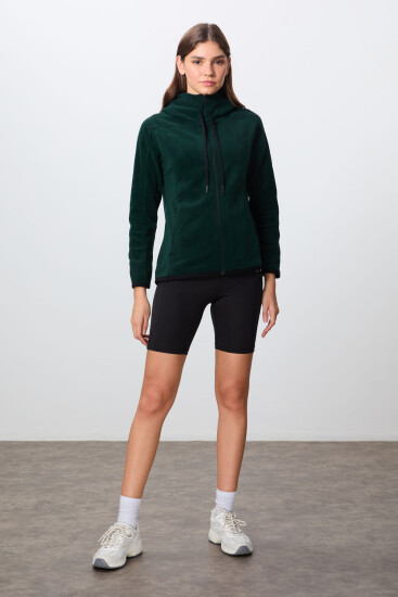 Çam Yeşili Kalın Yumuşak Dokulu Kapüşonlu Standart Fit Nakışlı Polar Kadın Sweatshirt -97287 