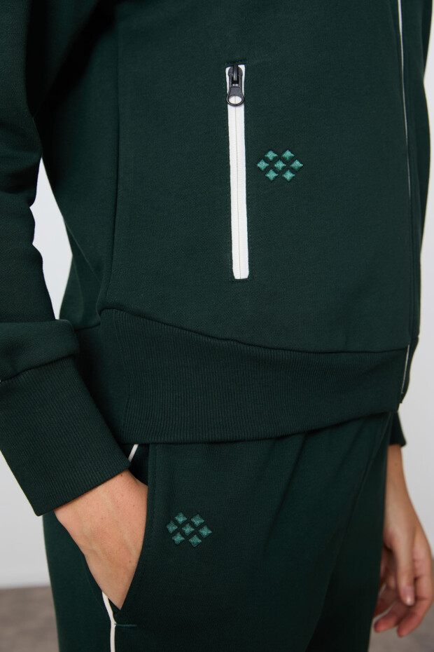 Çam Yeşili Kompakt Pamuklu Kalın Pürüzsüz Dokulu Dik Yaka Oversize Fit Kadın Eşofman Takım - 95340 - 6