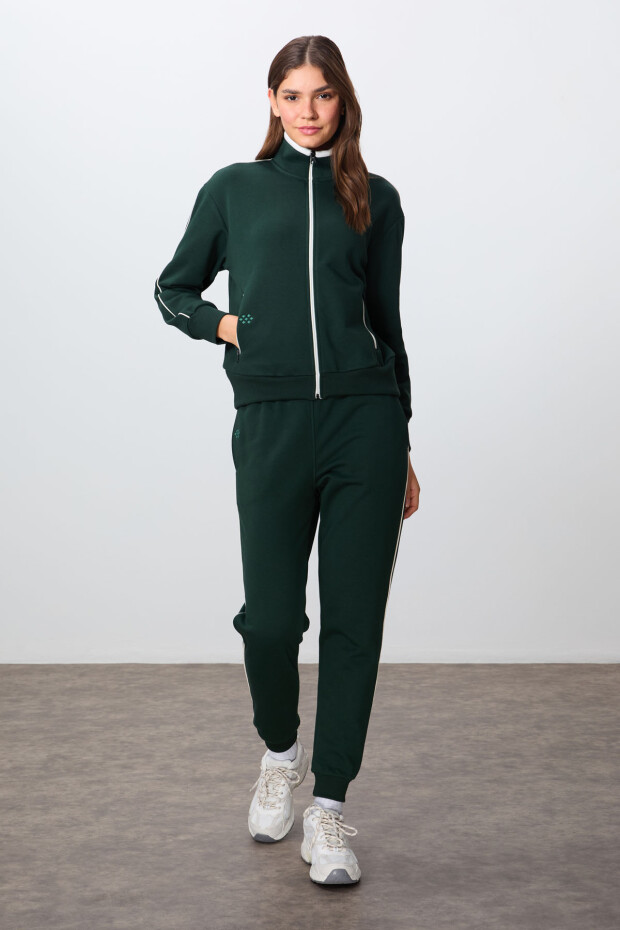 Çam Yeşili Kompakt Pamuklu Kalın Pürüzsüz Dokulu Dik Yaka Oversize Fit Kadın Eşofman Takım - 95340 - 4