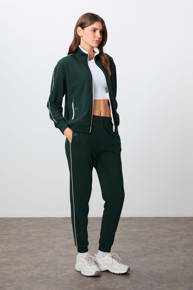 Çam Yeşili Kompakt Pamuklu Kalın Pürüzsüz Dokulu Dik Yaka Oversize Fit Kadın Eşofman Takım - 95340 - 7