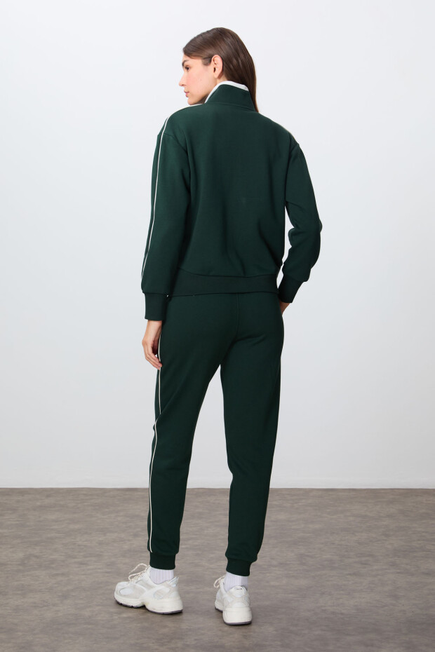 Çam Yeşili Kompakt Pamuklu Kalın Pürüzsüz Dokulu Dik Yaka Oversize Fit Kadın Eşofman Takım - 95340 - 8