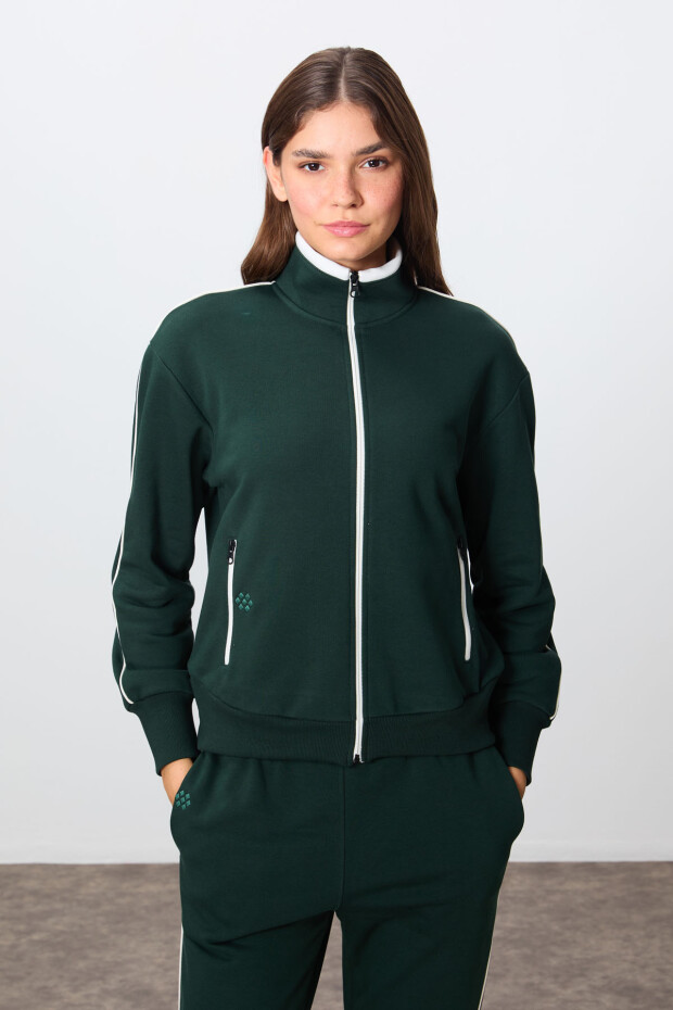 Çam Yeşili Kompakt Pamuklu Kalın Pürüzsüz Dokulu Dik Yaka Oversize Fit Kadın Eşofman Takım - 95340 - 3