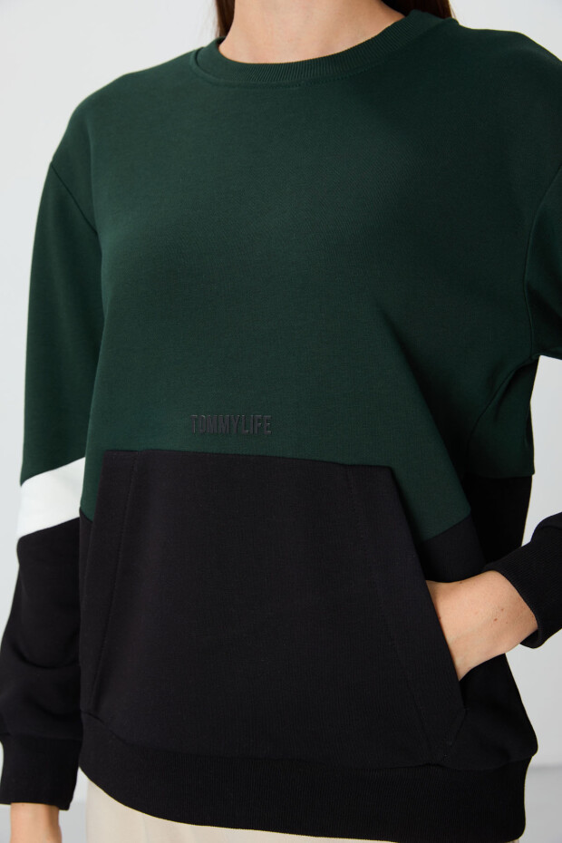 Çam Yeşili Kompakt Pamuklu Kalın Pürüzsüz Dokulu O Yaka Standart Kalıp Kadın Sweatshirt - 97289 - 2