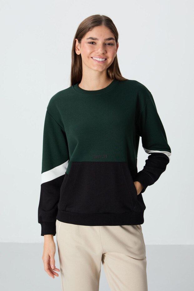 Çam Yeşili Kompakt Pamuklu Kalın Pürüzsüz Dokulu O Yaka Standart Kalıp Kadın Sweatshirt - 97289 - 4