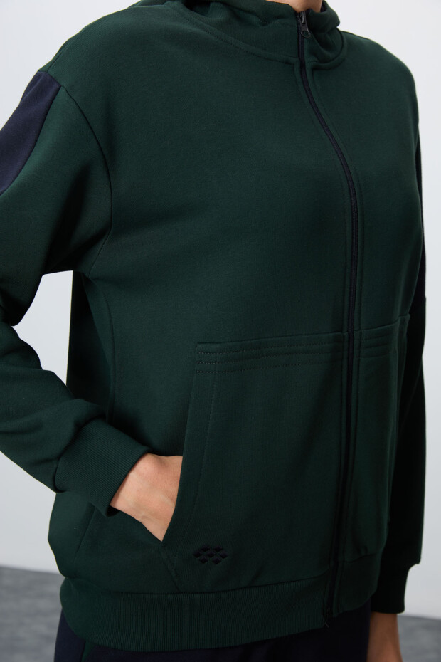 Çam Yeşili-Lacivert Pamuklu Kalın Kapüşonlu Oversize Fit Kadın Eşofman Takım - 95343 - 3
