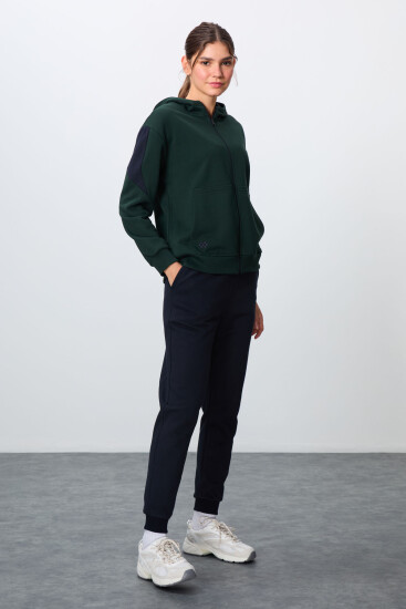 Çam Yeşili-Lacivert Pamuklu Kalın Kapüşonlu Oversize Fit Kadın Eşofman Takım - 95343 