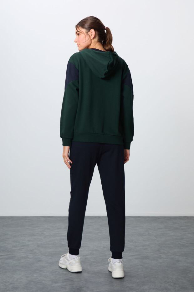 Çam Yeşili-Lacivert Pamuklu Kalın Kapüşonlu Oversize Fit Kadın Eşofman Takım - 95343 - 6