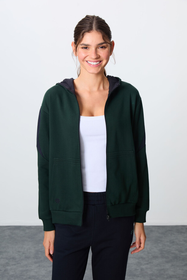 Çam Yeşili-Lacivert Pamuklu Kalın Kapüşonlu Oversize Fit Kadın Eşofman Takım - 95343 - 2