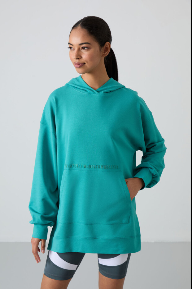 Deniz Yeşili Balon Kol Yazı Nakışlı Kadın Rahat Form Tunik Sweatshirt - 97163 - 5