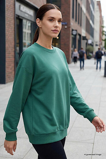Deniz Yeşili Basic O Yaka Oversize Kadın Sweatshirt - 97053 