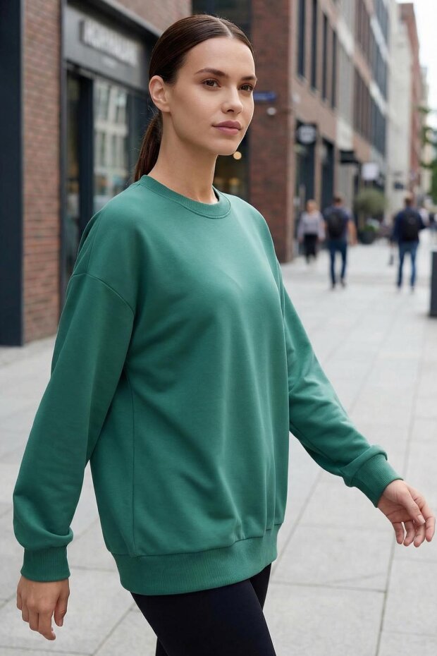 Deniz Yeşili Basic O Yaka Oversize Kadın Sweatshirt - 97053 - 3