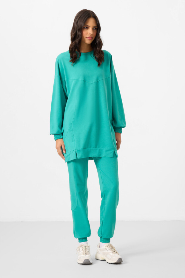 Deniz Yeşil O Yaka Basic Oversize Kadın Eşofman Tunik Takım - 95347 - 4