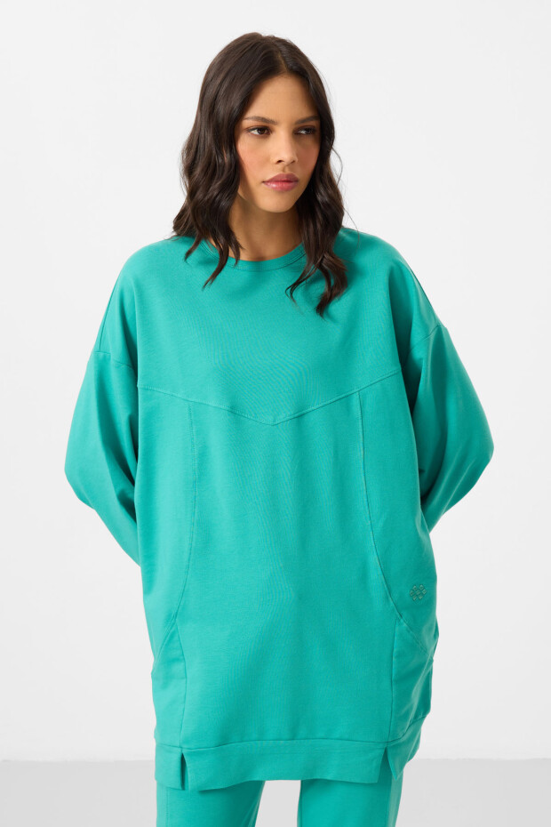 Deniz Yeşil O Yaka Basic Oversize Kadın Eşofman Tunik Takım - 95347 - 6