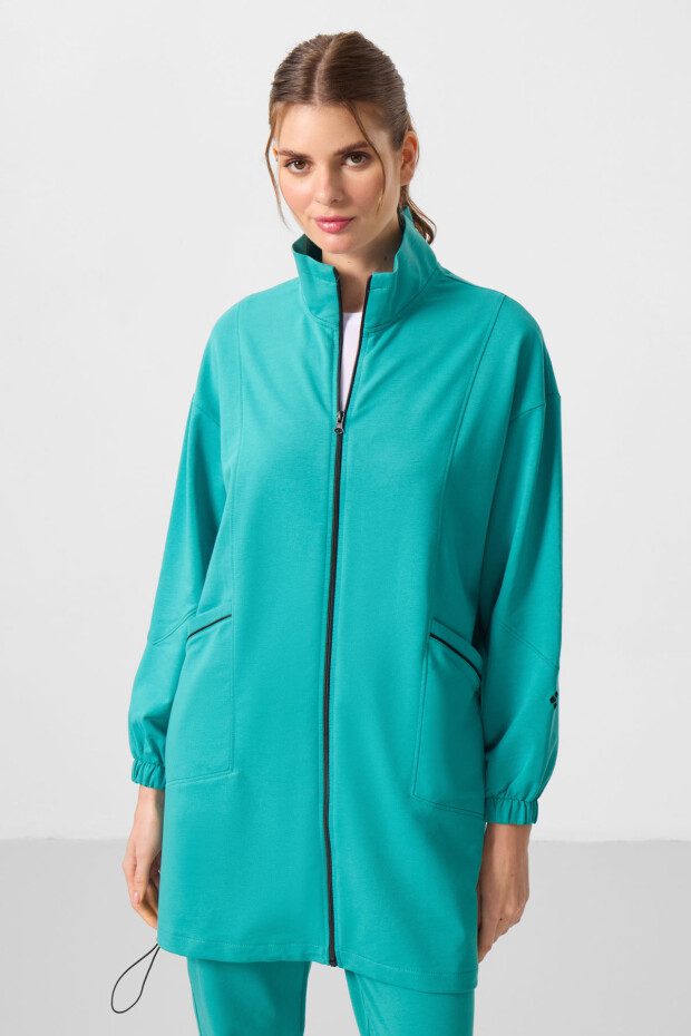 Deniz Yeşil Dik Yaka Fermuarlı Rahat Form Kadın Eşofman Tunik Takım - 95345 - 3