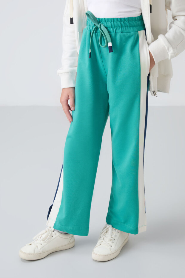 Deniz Yeşil Yırtmaç Detaylı Cepli Geniş Paça Kız Çocuk Eşofman Alt - 75141 - 3