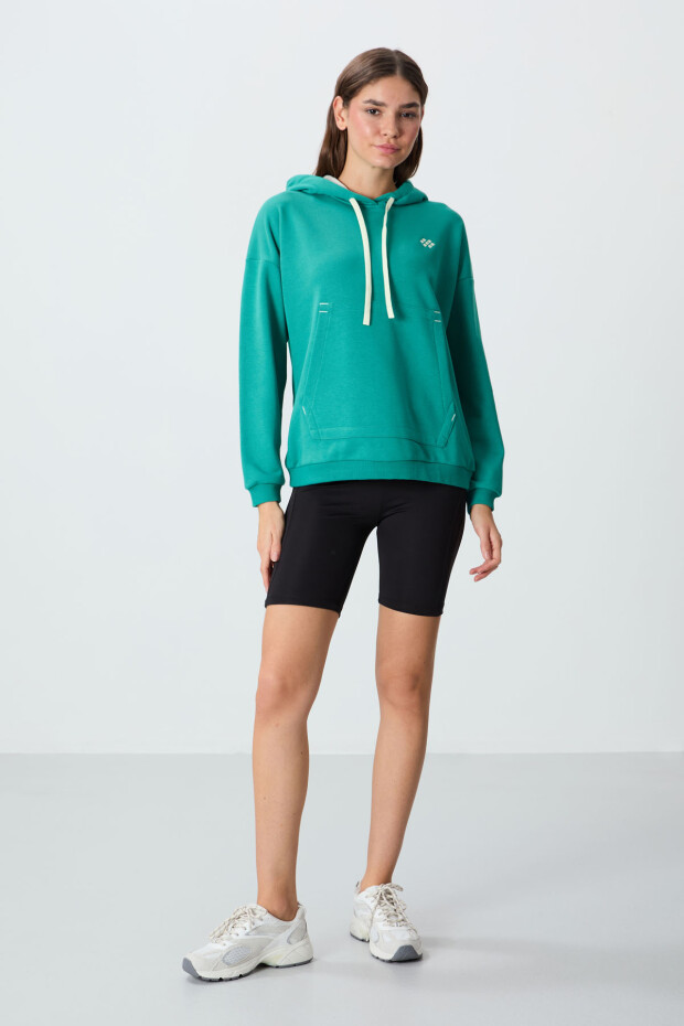 Deniz Yeşili Kompakt Pamuklu Kalın Pürüzsüz Dokulu Kapüşonlu Rahat Form Fit Kadın Sweatshirt - 97291 - 3
