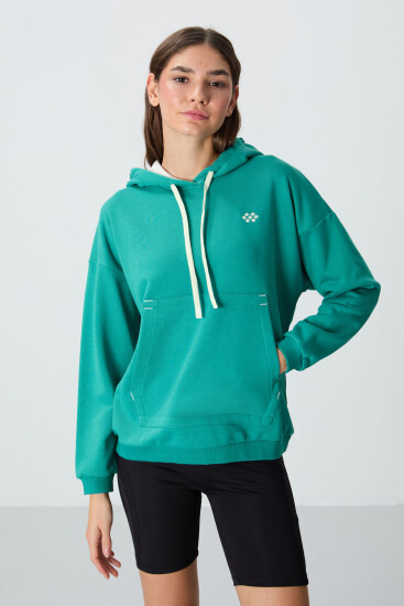 Deniz Yeşili Kompakt Pamuklu Kalın Pürüzsüz Dokulu Kapüşonlu Rahat Form Fit Kadın Sweatshirt - 97291 
