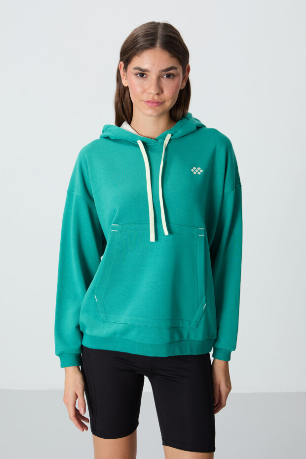 Deniz Yeşili Kompakt Pamuklu Kalın Pürüzsüz Dokulu Kapüşonlu Rahat Form Fit Kadın Sweatshirt - 97291 - 4