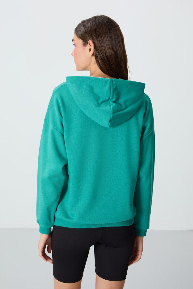 Deniz Yeşili Kompakt Pamuklu Kalın Pürüzsüz Dokulu Kapüşonlu Rahat Form Fit Kadın Sweatshirt - 97291 - 5