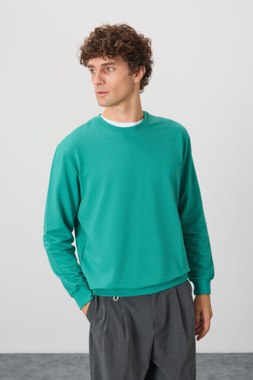Deniz Yeşili Pamuk Yumuşak Dokulu Standart Fit Basic Erkek Sweatshirt - 88363 