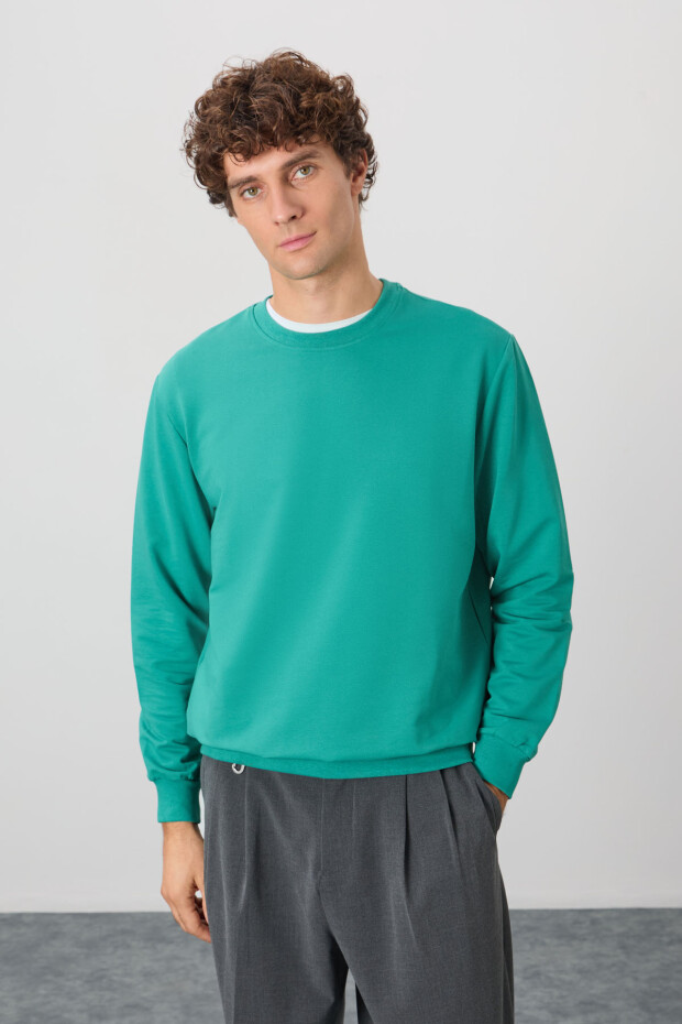 Deniz Yeşili Pamuk Yumuşak Dokulu Standart Fit Basic Erkek Sweatshirt - 88363 - 3