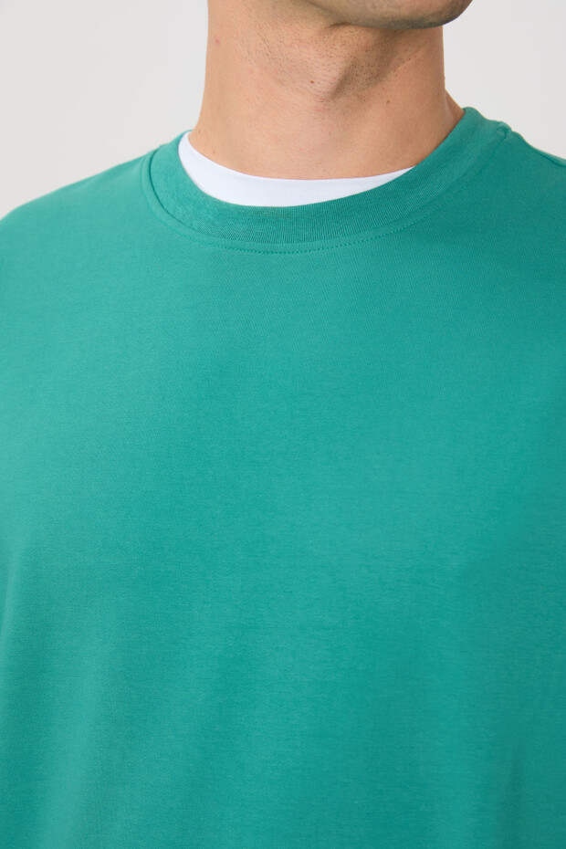 Deniz Yeşili Pamuk Yumuşak Dokulu Standart Fit Basic Erkek Sweatshirt - 88363 - 4